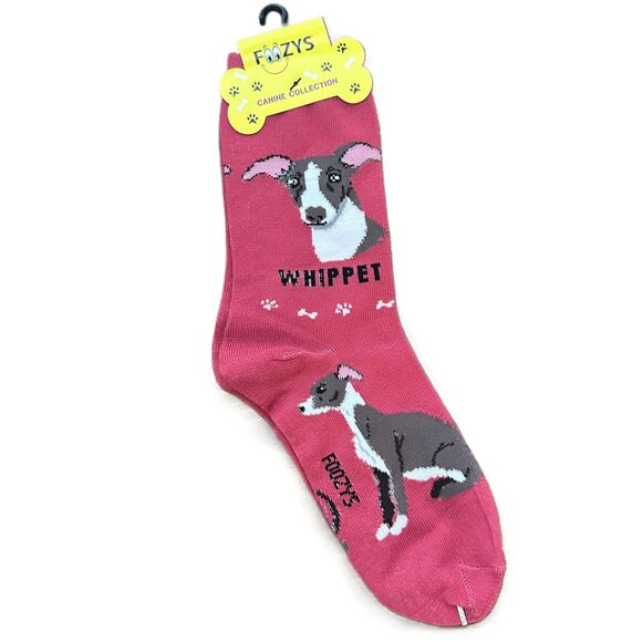 Foozy's Dog Pattern Whippet Crew Socks Pink Women One Size - Picture 1 of 2